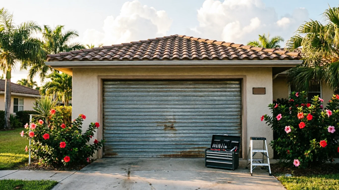 A closed, weathered metal garage door with a toolbox and a small ladder in front.