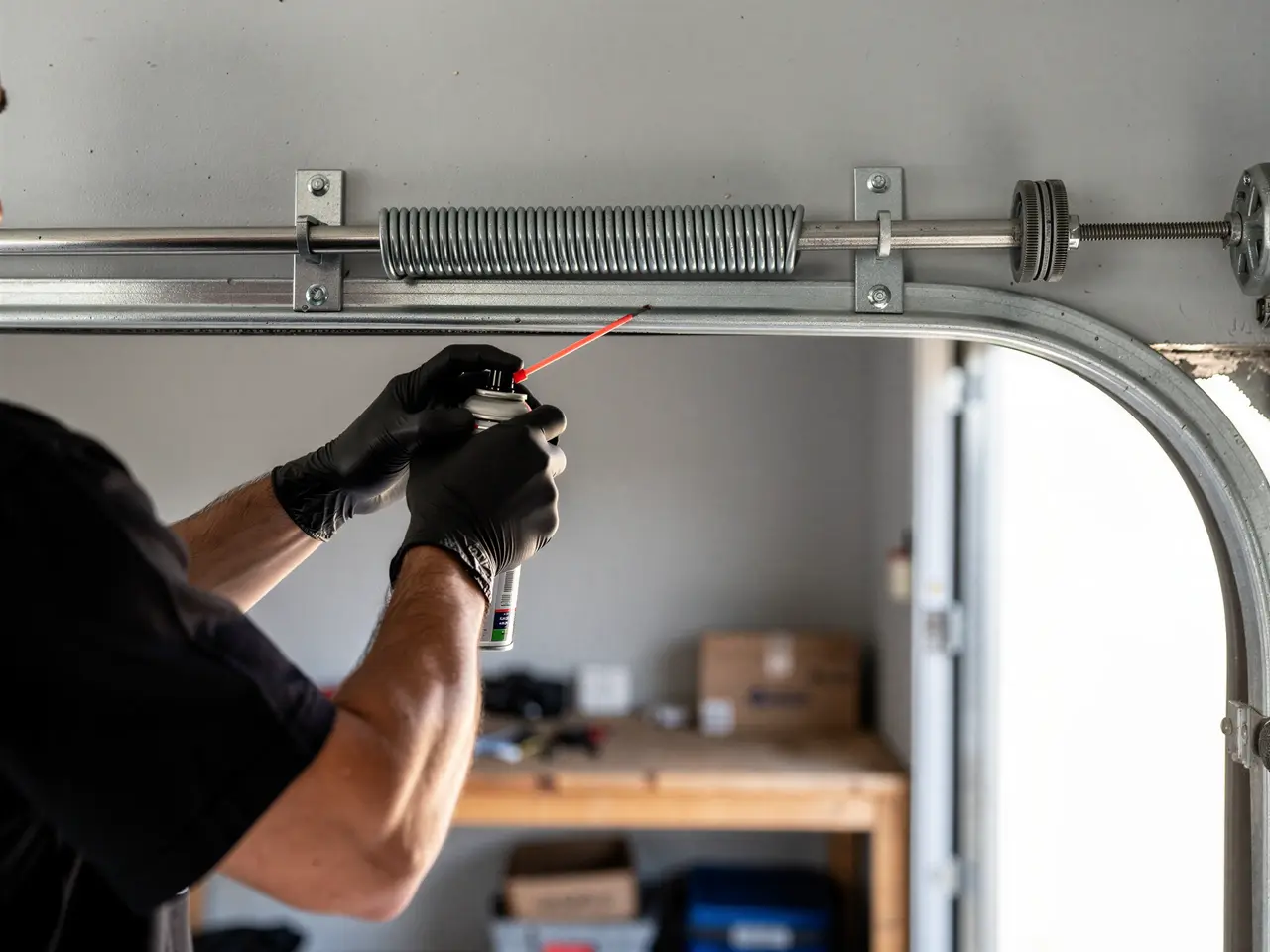 A technician lubricates a garage door torsion spring with spray.